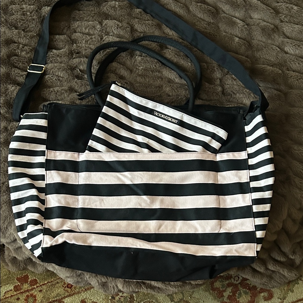 Victoria's Secret Black, White & Pink Striped Tote